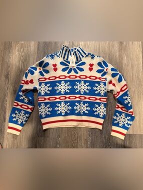 THML Blue White Red Snowflake mock neck Sweater